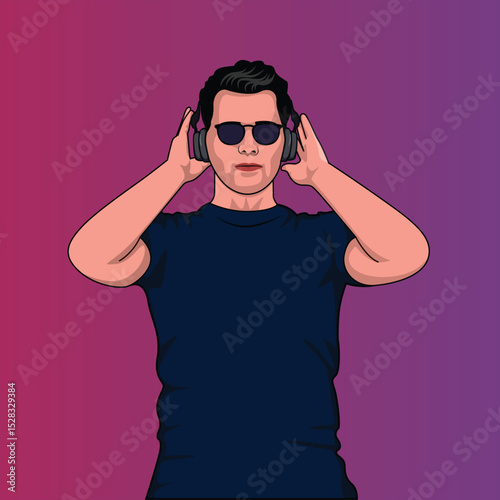 Young man listening music hip hop song with headphones flat cartoon vector illustration