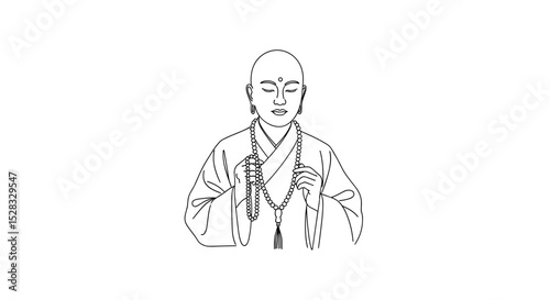 Buddhist monk reading prayers with mala beads in a meditative posture