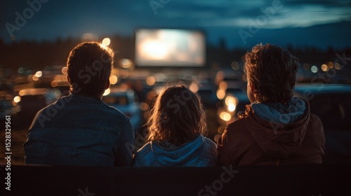 A family enjoys a movie at a drive-in theater under the night sky, creating lasting memories together, as cars fill the foreground.