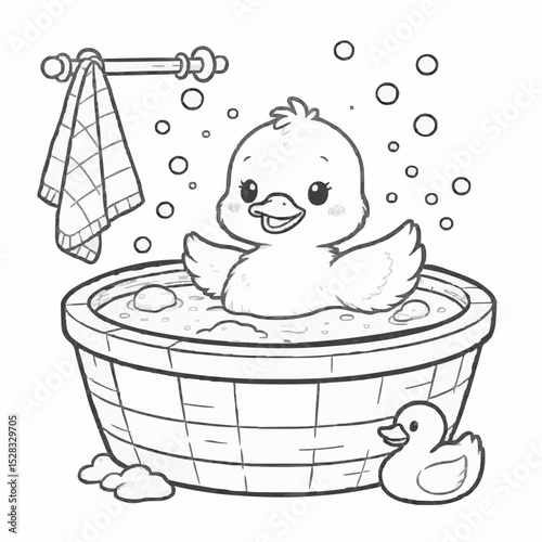 A cute duck is taking a bath.