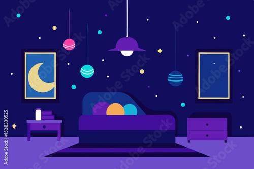 Galaxy Bedroom Cartoon Animation Background Vector illustration