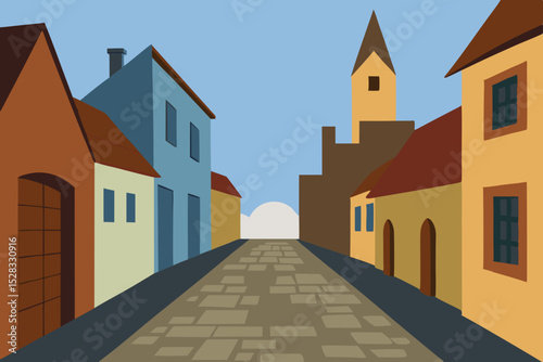 European Town Street Cartoon Animation Background Vector illustration