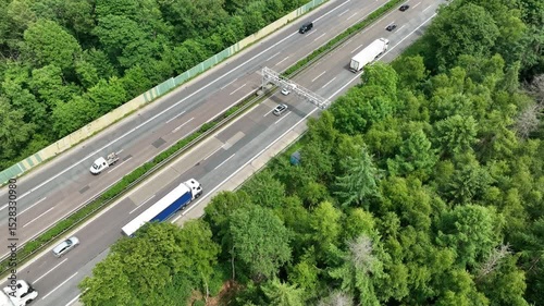Truck toll - gantry and traffic on German highway. Aerial view