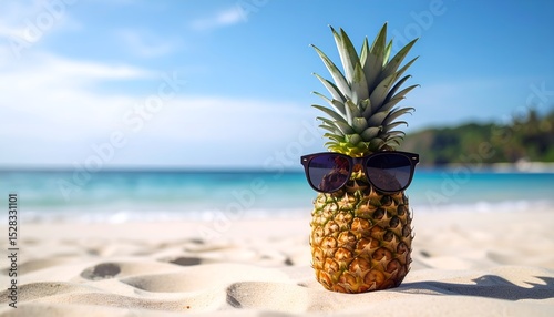 a pineapple with sunglasses on beach, space for copy