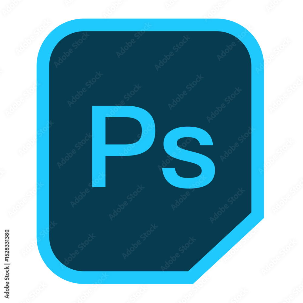 Illustration of the adobe photoshop icon with blue border and ps lettering in light blue color scheme