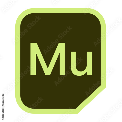 Illustration of a rounded square with the letters mu in light green on a dark brown background color