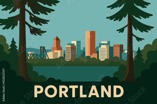 Portland Cityscape Seen Through the Trees of Forest Park.eps