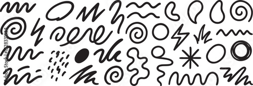 Hand-Drawn Abstract Line Art: Unique Doodle Elements Featuring Spirals, Squiggles, Zigzags, Loops, and Dots – Perfect for Creative Illustrations, Graphic Design, Minimalist Aesthetics