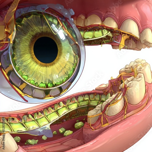 Surreal eye and teeth anatomy artistic illustration digital art abstract environment close-up view conceptual exploration