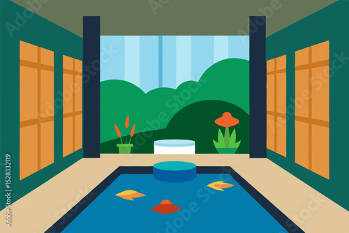 Tranquil Indoor Garden Cartoon Animation Background Vector illustration