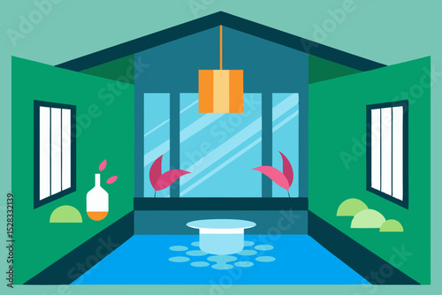 Indoor Waterfall Garden Cartoon Animation Background Vector illustration
