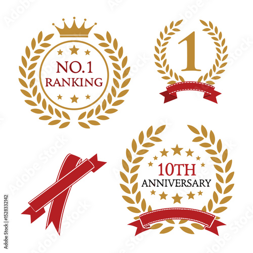 Gold Laurel Wreath and Ribbon Anniversary & Ranking Badges Vector Graphics