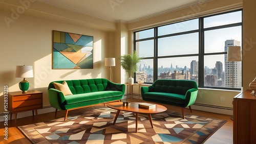Modern living room interior design featuring green velvet sofas and city view