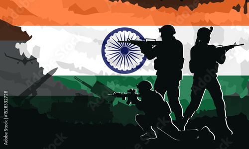 Banner with silhouettes of Indian army soldiers in combat positions against the flag of India. Military background with a missile launcher and jet. National defense vector wallpaper concept.