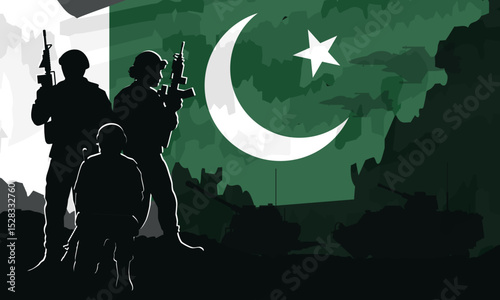 Banner with layered silhouettes of Pakistani soldiers with rifles and tanks over national flag. Wallpaper -Pakistan’s military force, regional security, strategic strength concept. Vector illustration