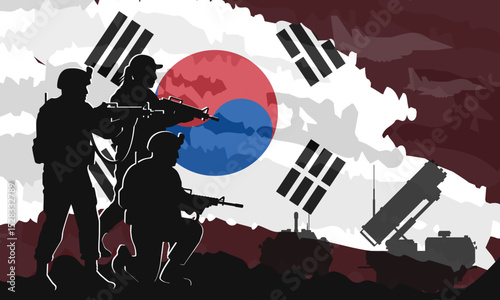 Layered wallpaper with silhouette of South Korean army soldiers with rifles against the Taegeukgi flag. Military background with missile launchers. ROK armed forces, war, and defense concept.