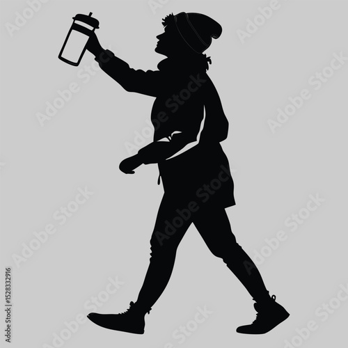 a person holding a coffee thermos silhouette vector design art and illustration