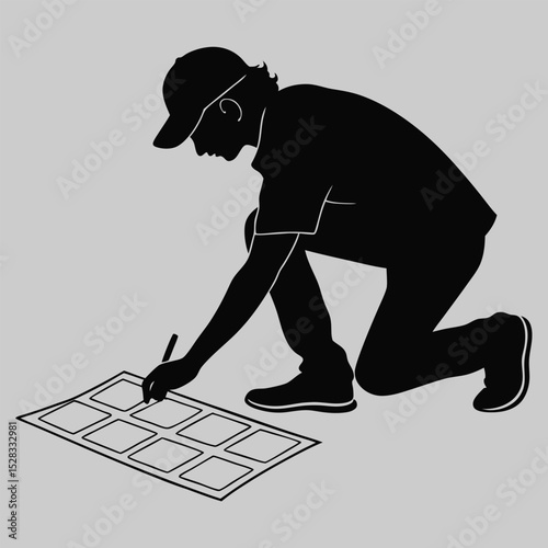 a person kneeling to organize items silhouette vector design art and illustration
