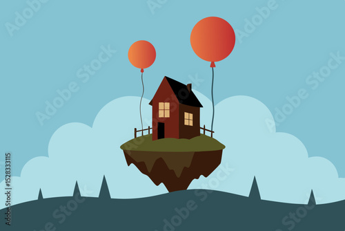 Fantasy Floating House Cartoon Animation Background Vector illustration