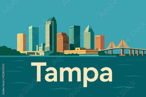 Tampa Skyline and Sunshine Skyway Bridge from the Water.eps