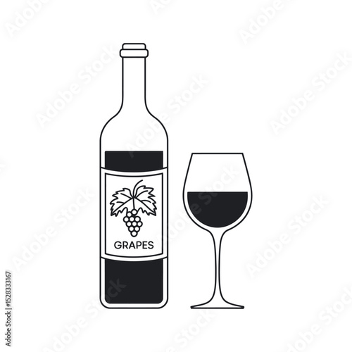 Wine bottle and glass with grapes illustration