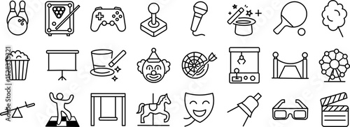 Entertainment and Leisure Outline Icon Collection. Featuring Games, Music, Theater, Magic, and More. Editable Stroke Icons.