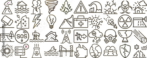 Line Art Icons Depicting Various Disasters, Natural Catastrophes, and Environmental Threats in a Set
