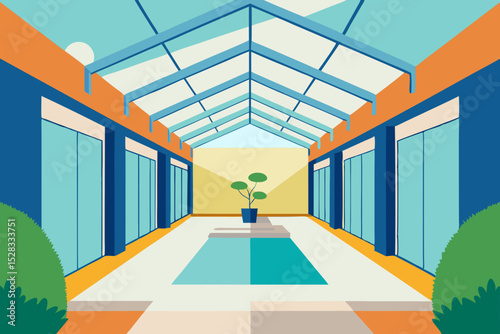 Courtyard with Glass Roof Cartoon Animation Background Vector illustration