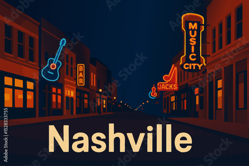 Nashville Broadway Street at Night with Neon Lights