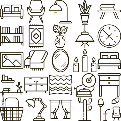 Outline Icons of Interior Design Elements Sofa, Chair, Bed, Lamp, and Decor