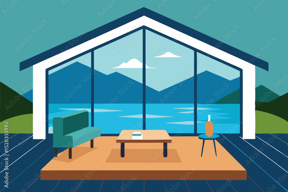 Fototapeta premium Lakehouse Living Room Cartoon Animation Background Vector illustration