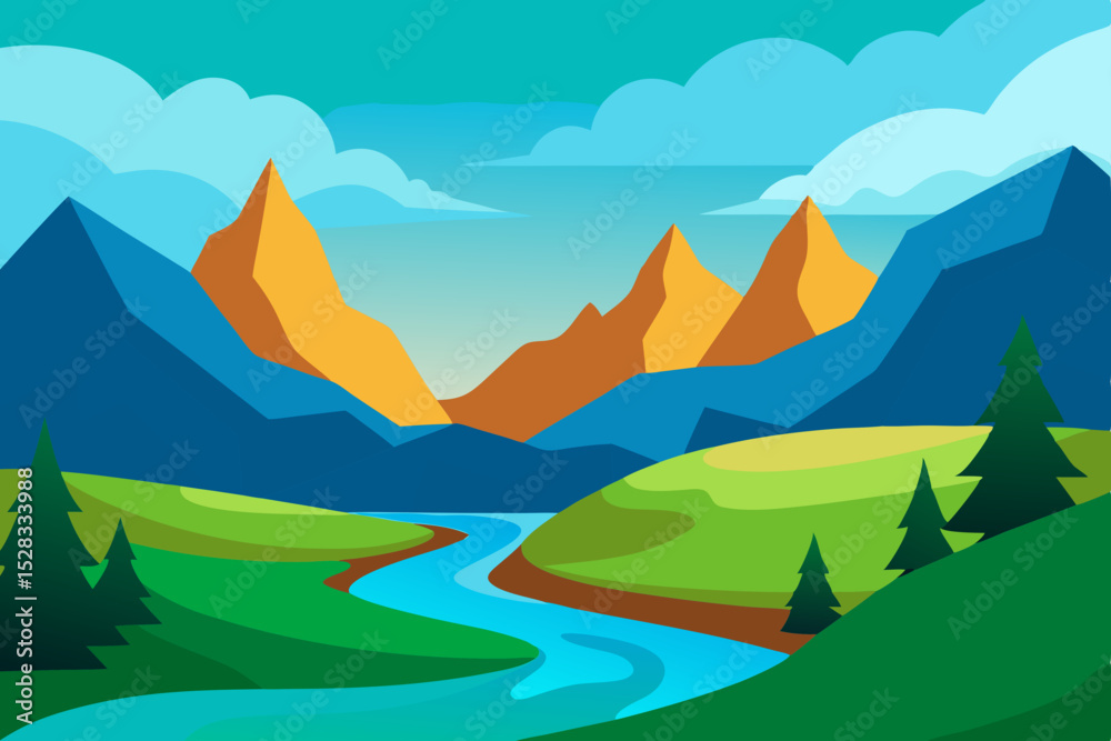 Fototapeta premium Mountain River Landscape Cartoon Animation Background Vector illustration