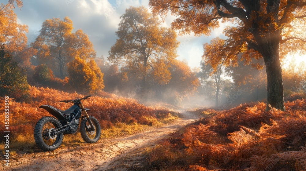 Obraz premium Autumn motocross bike in misty forest path