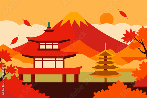 Kyoto Autumn Scene Cartoon Animation Background Vector illustration