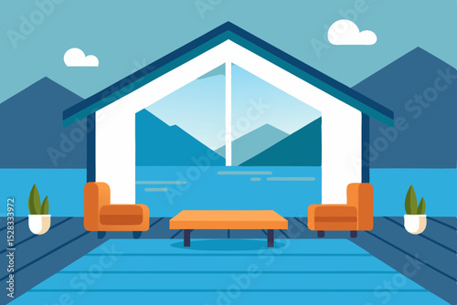 Waterfront Living Room Cartoon Animation Background Vector illustration