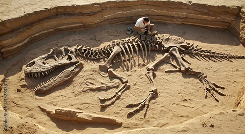 Giganotosaurus fossil excavated from a semi-arid desert, its massive bones emerging from sunbaked soil and rock layers in a remote, wind-swept paleontological site