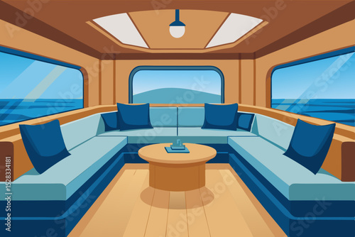 Stylish Yacht Interior Cartoon Animation Background Vector illustration