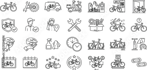Bicycle services line icon set. Vector pictograms of subscription, helmet, cleaning, mechanic, delivery, customization, spare parts, storage, locker, 