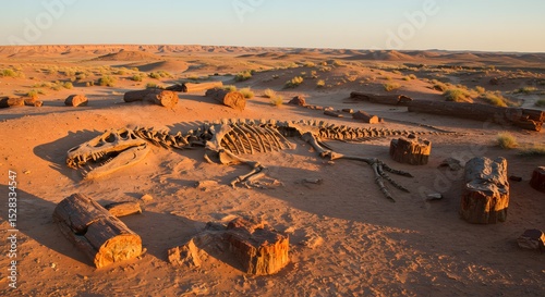Fossilized remains of a Giganotosaurus partially embedded in red desert clay, surrounded by ancient petrified logs, evoking a scene from Earth’s distant past