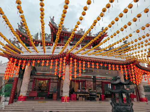 Evening view of Chinese Thean Hou Temple beautifully decorated with traditional lanterns. Kuala Lumpur, Malaysia