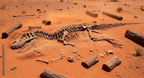 Fossilized remains of a Giganotosaurus partially embedded in red desert clay, surrounded by ancient petrified logs, evoking a scene from Earth’s distant past