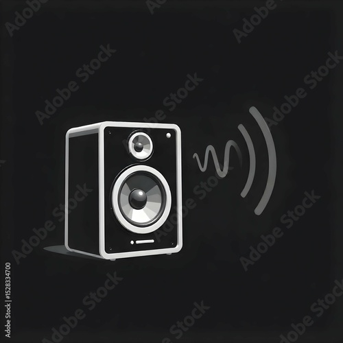 Black and white minimalist vector icon of a portable speaker with sound wave lines, lifestyle element of entertainment and relaxation, clean line art, no background