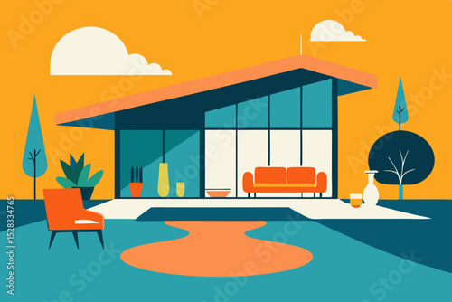 Vintage House with Sunken Lounge Cartoon Animation Background Vector illustration
