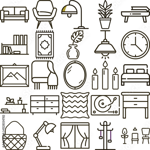 Line Art Depicting Furniture, Home Decor, and Accessories for Interior Design Concepts in Simple Style