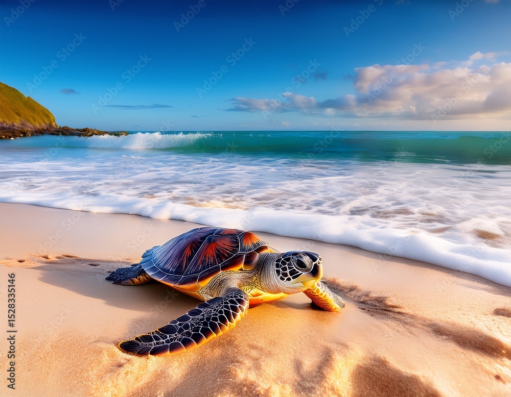 Obraz premium colorful sea turtle crawling on sandy beach by gentle waves