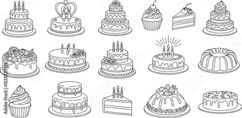 Cake line icon set. Vector pictograms of birthday cakes, wedding, cupcakes, pastry dessert, cheesecake