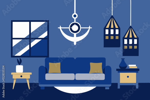 Beach House Living Room Cartoon Animation Background Vector illustration