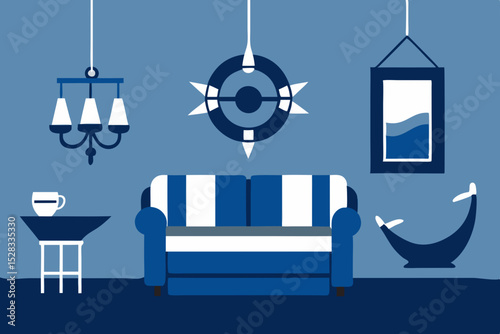 Nautical Living Room Cartoon Animation Background Vector illustration