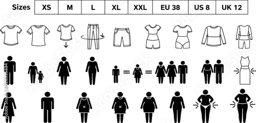 Clothing size and fit glyph icon set. Vector pictograms of maternity, unisex, measurement, chart, short, long length, cropped, tapered, bootcut, flared, black sign silhouette