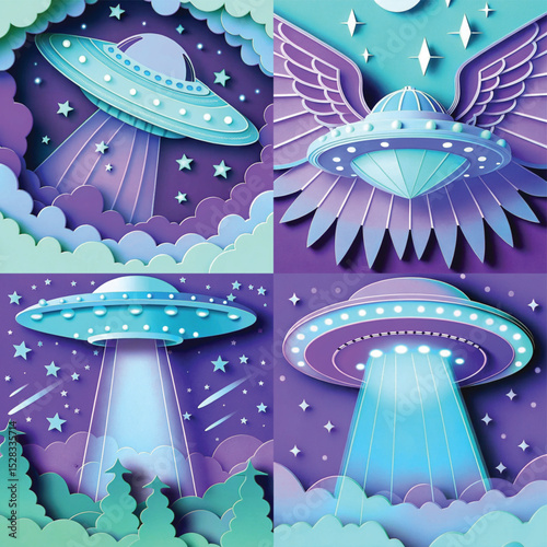 Colorful paper-cut style UFO illustrations with stars and clouds  